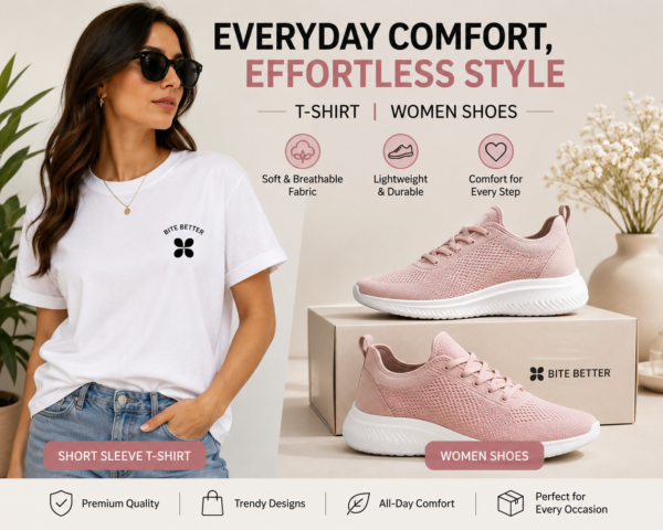 Bite Better Women’s Fashion Combo – Short Sleeve T-Shirt & Trendy Women Shoes Collection